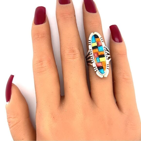 Sterling Multicolor Mosaic Stones Ring - Picture 7 of 10